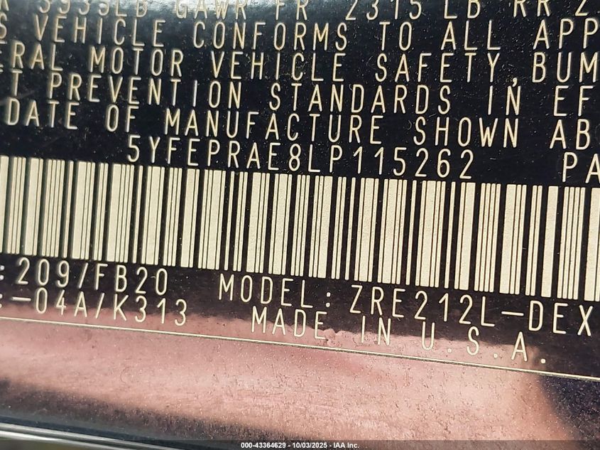 2020 TOYOTA COROLLA LE - 5YFEPRAE8LP115262