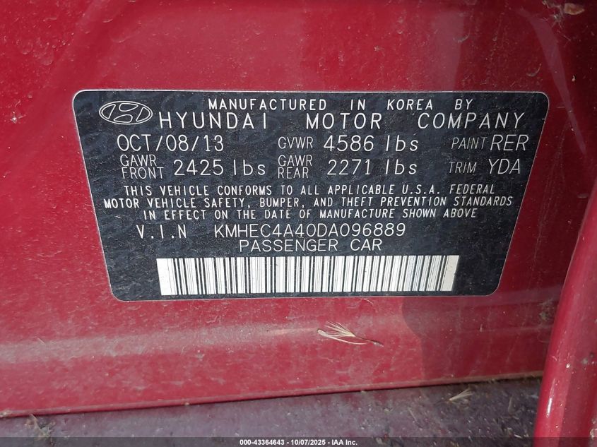 2013 Hyundai Sonata Hybrid Limited VIN: KMHEC4A40DA096889 Lot: 43364643