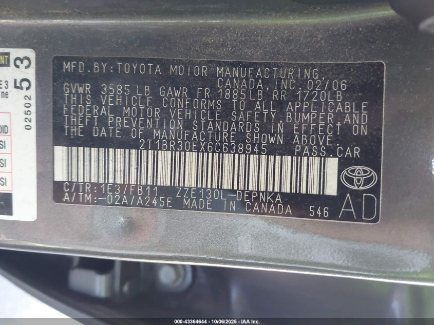 2006 Toyota Corolla Le VIN: 2T1BR30EX6C638945 Lot: 43364644