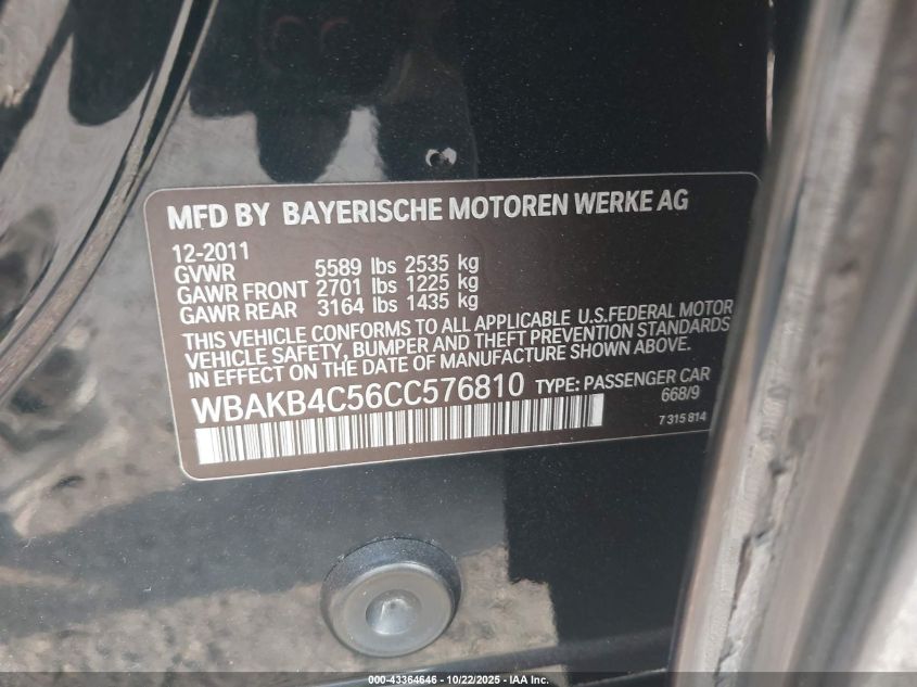 2012 BMW 740Li VIN: WBAKB4C56CC576810 Lot: 43364646