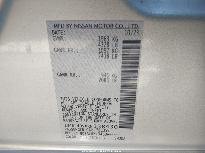 2024 NISSAN ALTIMA SV FWD 1N4BL4DVXRN338430