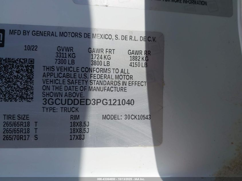 2023 Chevrolet Silverado 1500 4Wd Standard Bed Lt VIN: 3GCUDDED3PG121040 Lot: 43364650