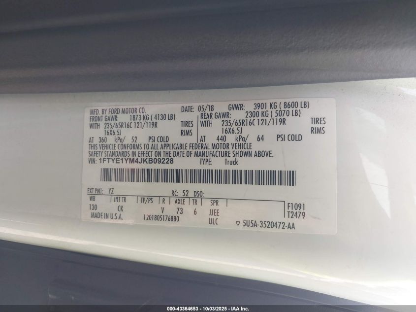 2018 Ford Transit-150 VIN: 1FTYE1YM4JKB09228 Lot: 43364653