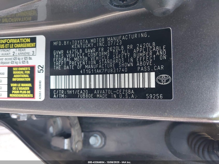 2023 Toyota Camry Se VIN: 4T1G11AK7PU831740 Lot: 43364654