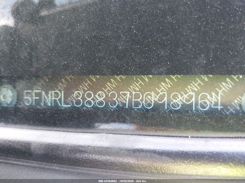 2007 Honda Odyssey Touring VIN: 5FNRL38837B098964 Lot: 43364662