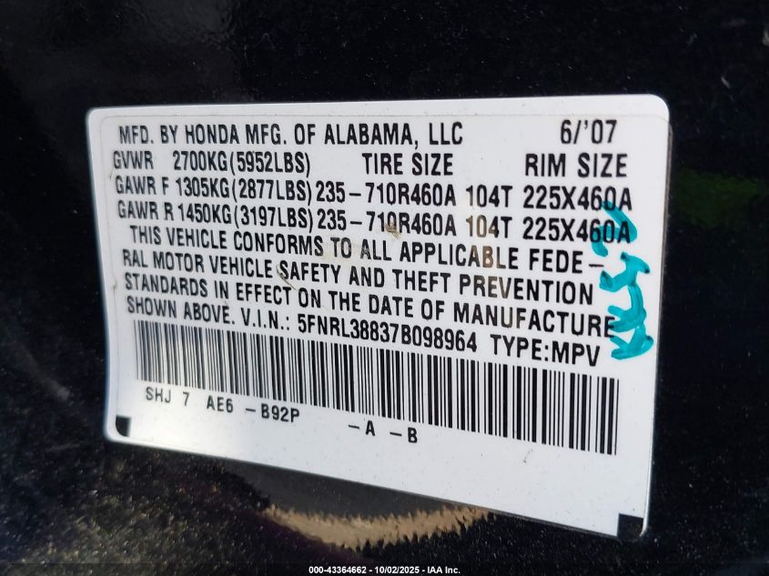 2007 Honda Odyssey Touring VIN: 5FNRL38837B098964 Lot: 43364662