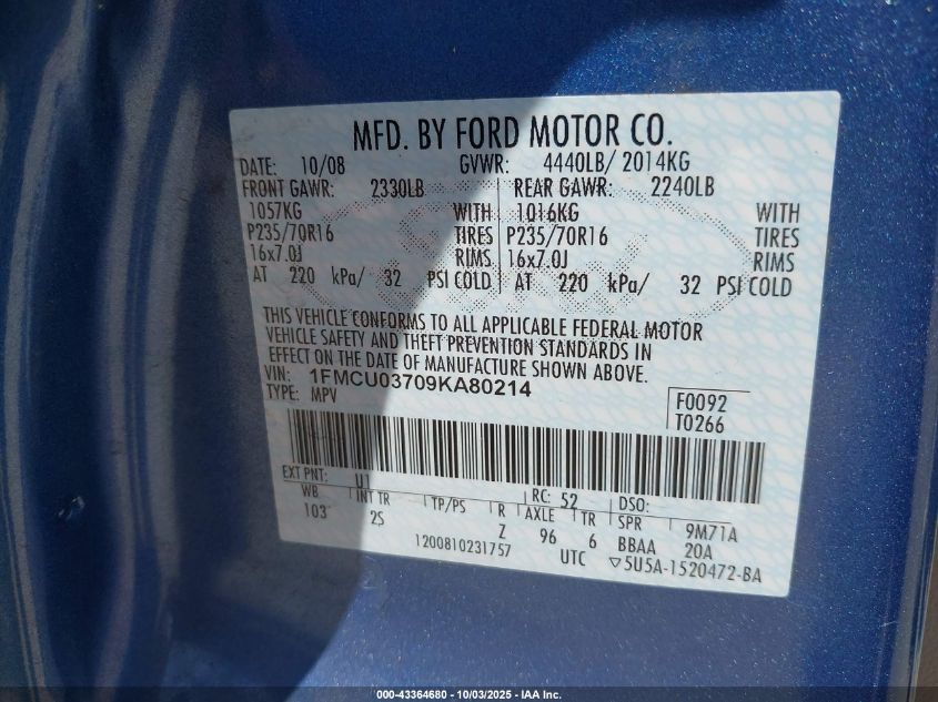 2009 Ford Escape Xlt VIN: 1FMCU03709KA80214 Lot: 43364680