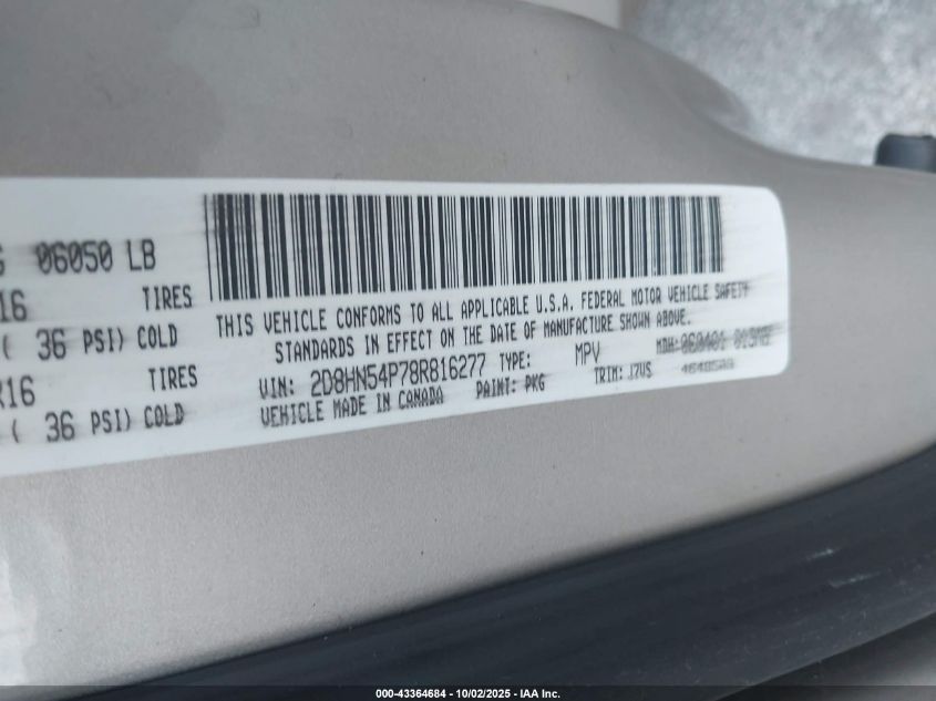 2008 Dodge Grand Caravan Sxt VIN: 2D8HN54P78R816277 Lot: 43364684