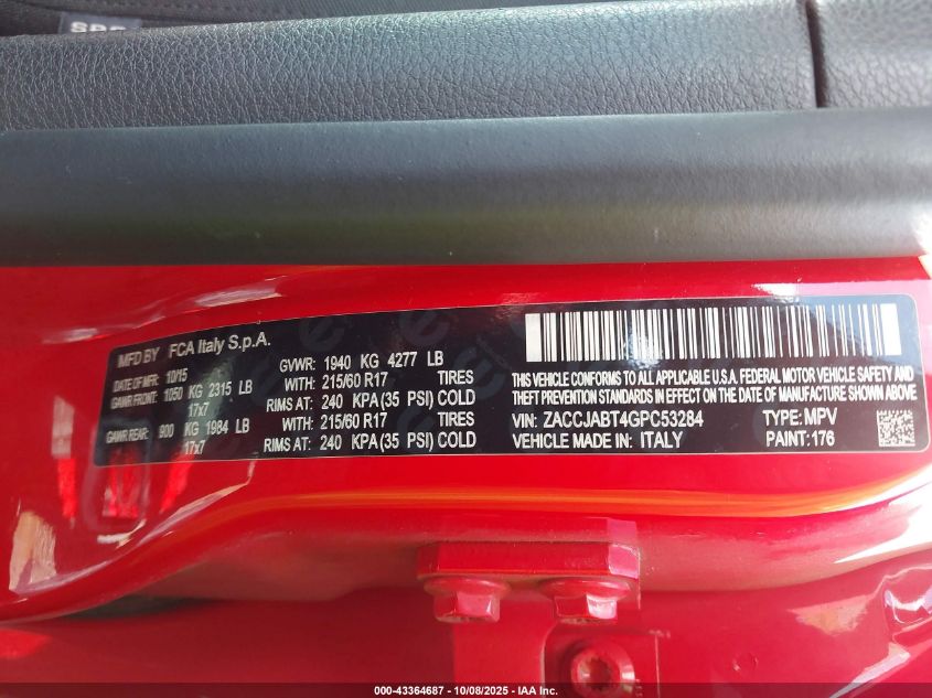 2016 Jeep Renegade Latitude VIN: ZACCJABT4GPC53284 Lot: 43364687