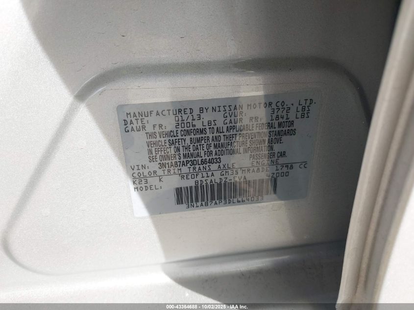 2013 Nissan Sentra Sv VIN: 3N1AB7AP3DL664033 Lot: 43364688
