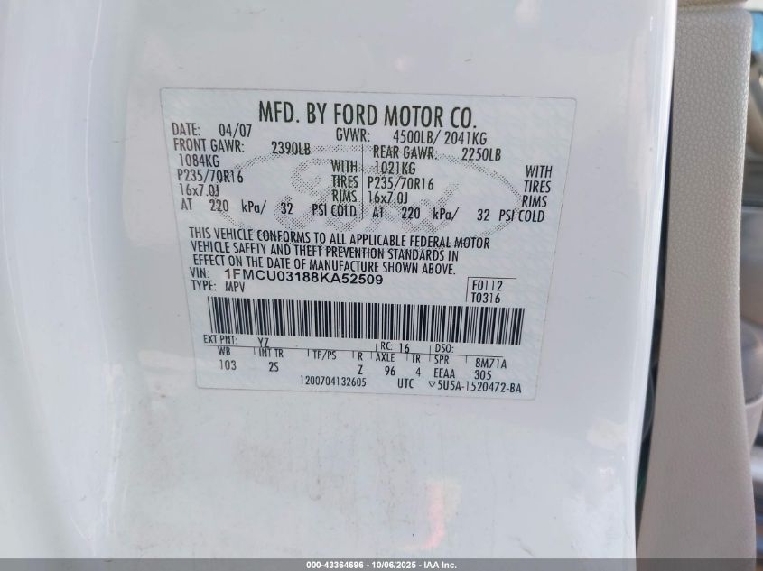 2008 Ford Escape Xlt VIN: 1FMCU03188KA52509 Lot: 43364696