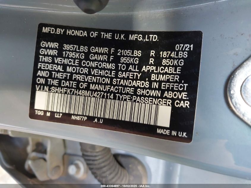 2021 Honda Civic Sport VIN: SHHFK7H48MU427114 Lot: 43364697