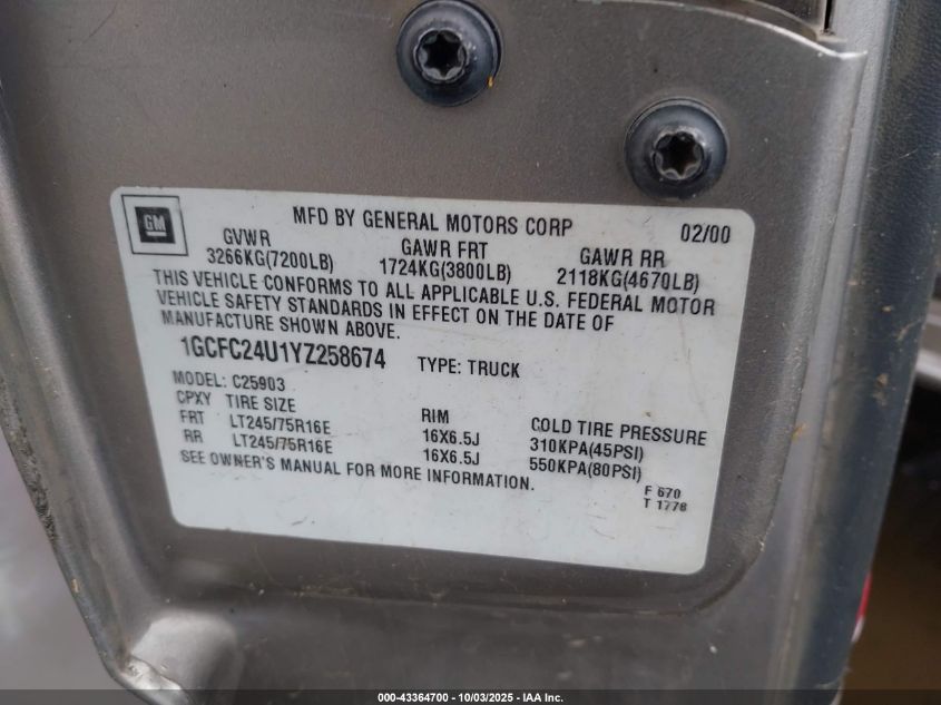 2000 Chevrolet Silverado 2500 Ls VIN: 1GCFC24U1YZ258674 Lot: 43364700