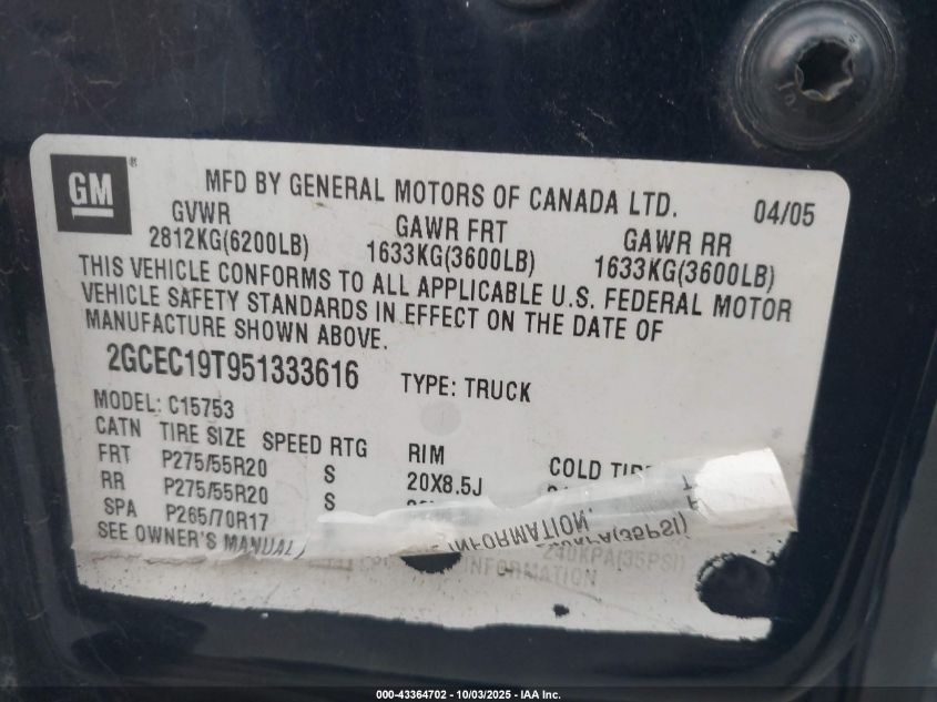 2005 Chevrolet Silverado 1500 Ls VIN: 2GCEC19T951333616 Lot: 43364702