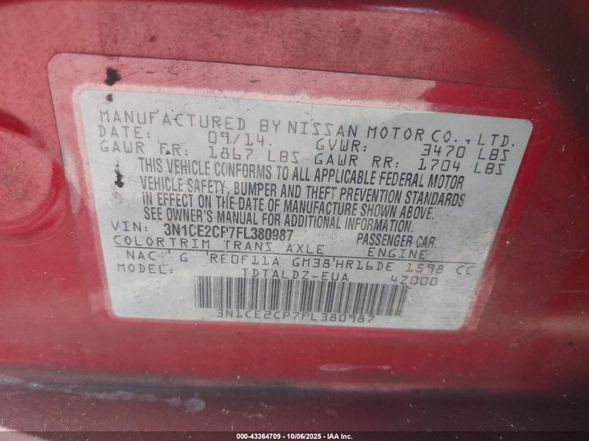 2015 Nissan Versa Note S (Sr)/S Plus/Sl/Sr/Sv VIN: 3N1CE2CP7FL380987 Lot: 43364709