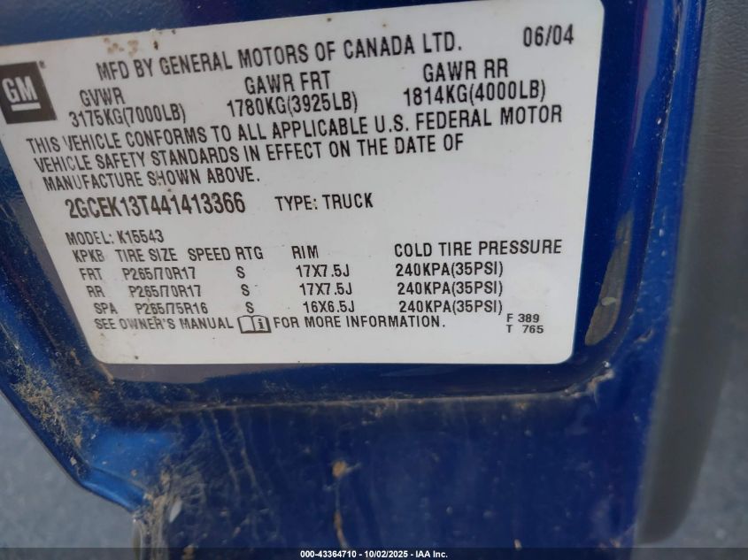 2004 Chevrolet Silverado 1500 Z71 VIN: 2GCEK13T441413366 Lot: 43364710