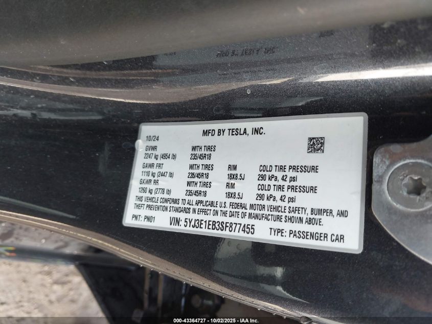 2025 Tesla Model 3 Long Range All-Wheel Drive VIN: 5YJ3E1EB3SF877455 Lot: 43364727
