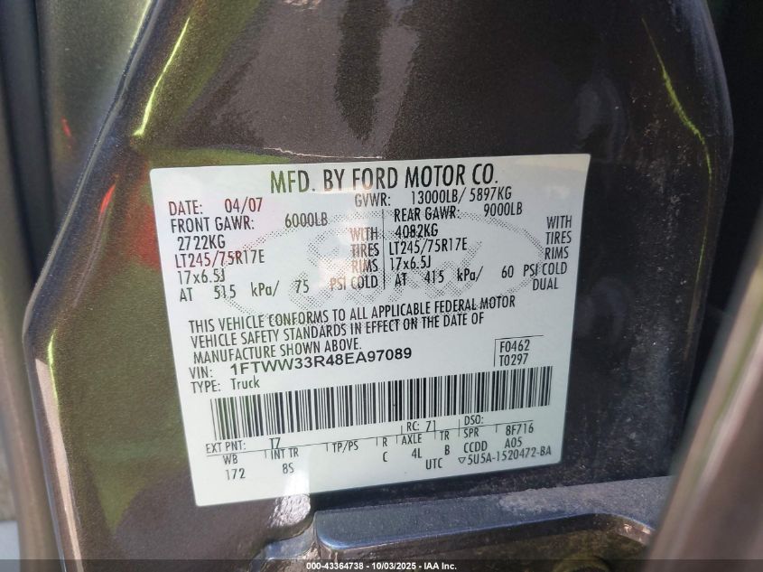 2008 Ford F-350 Fx4/King Ranch/Lariat/Xl/Xlt VIN: 1FTWW33R48EA97089 Lot: 43364738