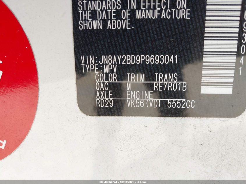 2023 Nissan Armada Sl 4Wd VIN: JN8AY2BD9P9693041 Lot: 43364744