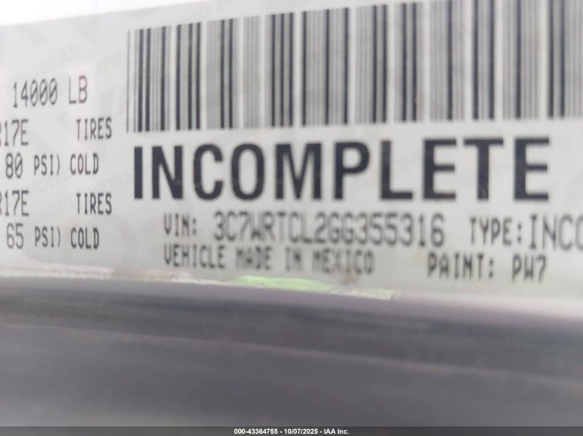 2016 Ram 3500 Chassis Tradesman/Slt/Laramie VIN: 3C7WRTCL2GG355316 Lot: 43364755