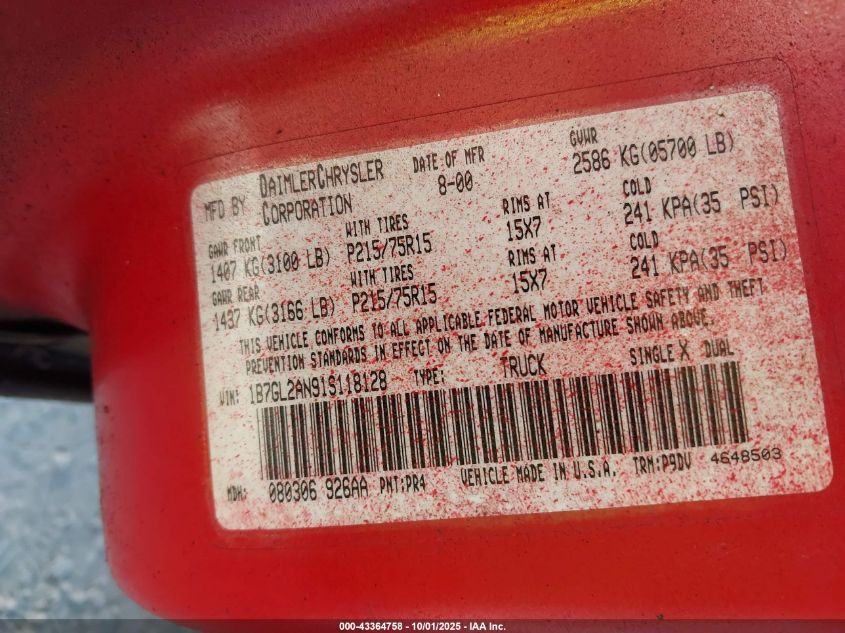 2001 Dodge Dakota Slt/Sport VIN: 1B7GL2AN91S118128 Lot: 43364758