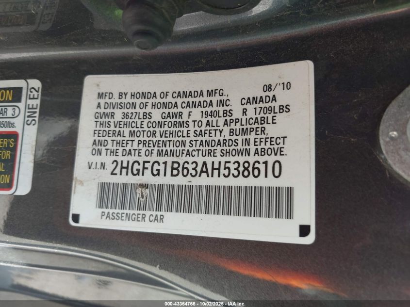 2010 Honda Civic Lx VIN: 2HGFG1B63AH538610 Lot: 43364766