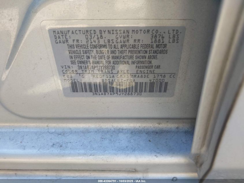 2018 Nissan Sentra S VIN: 3N1AB7AP9JY288730 Lot: 43364791