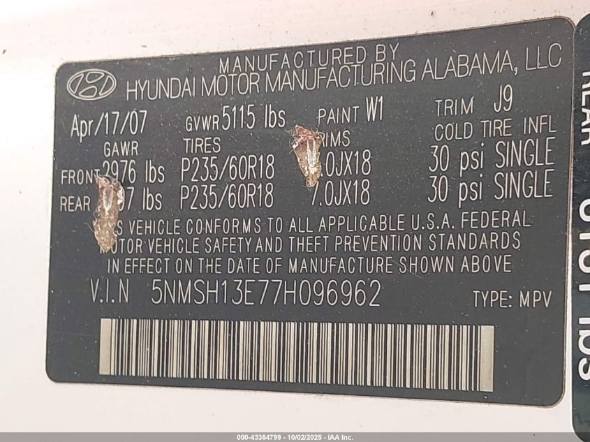 2007 Hyundai Santa Fe Se/Limited VIN: 5NMSH13E77H096962 Lot: 43364799