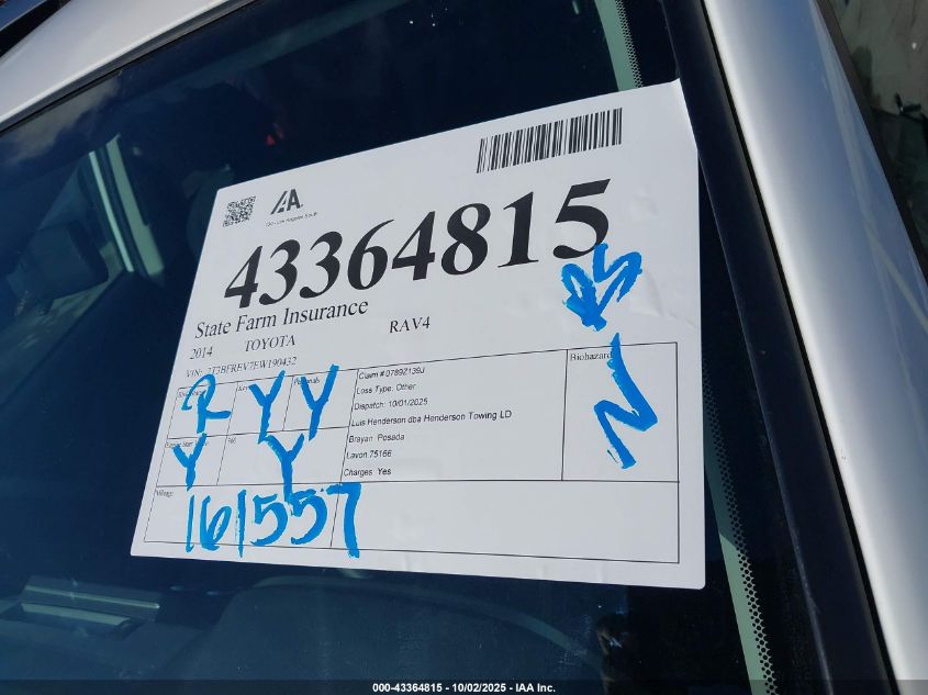 2014 Toyota Rav4 Le VIN: 2T3BFREV7EW190432 Lot: 43364815