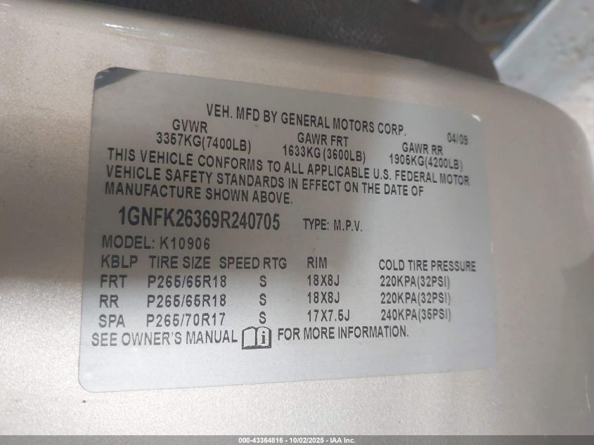 2009 Chevrolet Suburban 1500 Lt2 VIN: 1GNFK26369R240705 Lot: 43364816