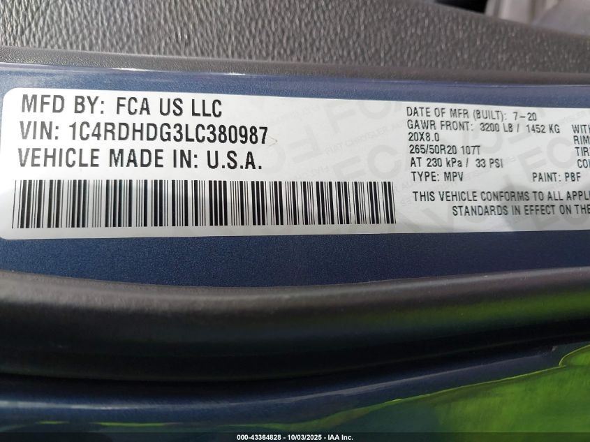 2020 Dodge Durango Gt Rwd VIN: 1C4RDHDG3LC380987 Lot: 43364828