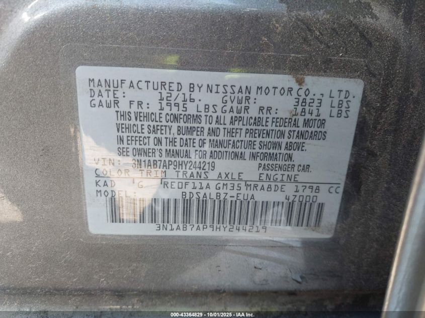 2017 Nissan Sentra S VIN: 3N1AB7AP9HY244219 Lot: 43364829