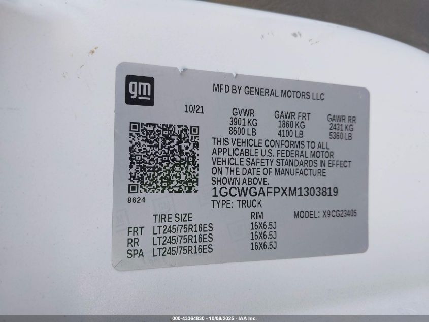 2021 Chevrolet Express Cargo Rwd 2500 Regular Wheelbase Wt VIN: 1GCWGAFPXM1303819 Lot: 43364830