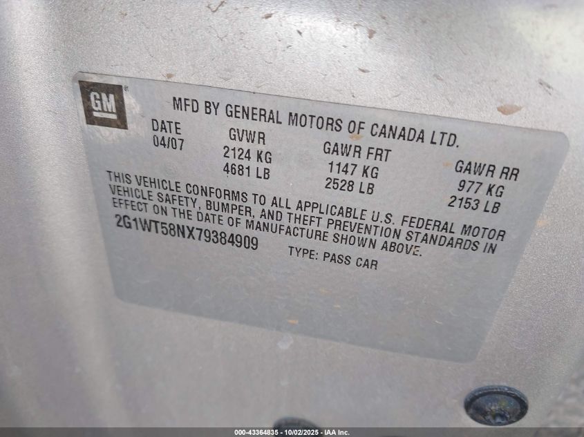 2007 Chevrolet Impala Lt VIN: 2G1WT58NX79384909 Lot: 43364835