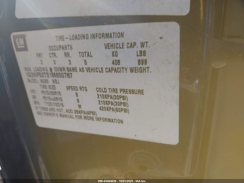 2001 Pontiac Grand Am Se1 VIN: 1G2NF52T51M650787 Lot: 43364836