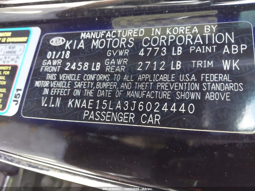 2018 Kia Stinger VIN: KNAE15LA3J6024440 Lot: 43364837