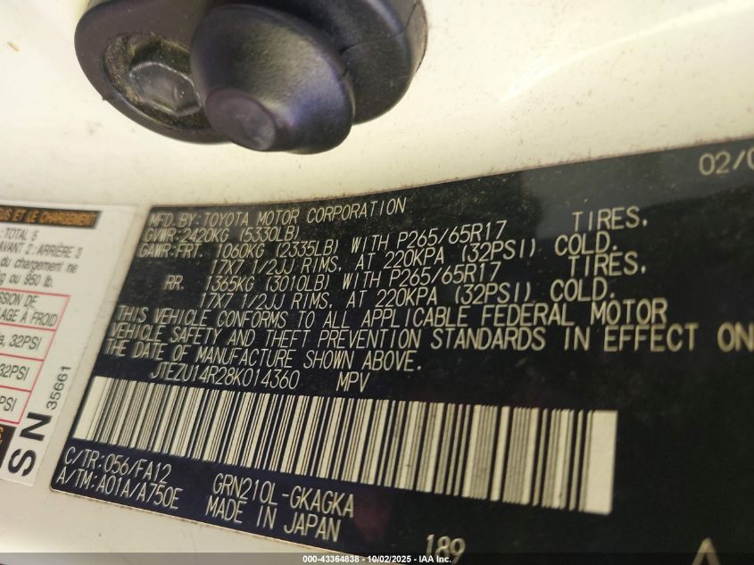 2008 Toyota 4Runner Sr5 V6 VIN: JTEZU14R28K014360 Lot: 43364838