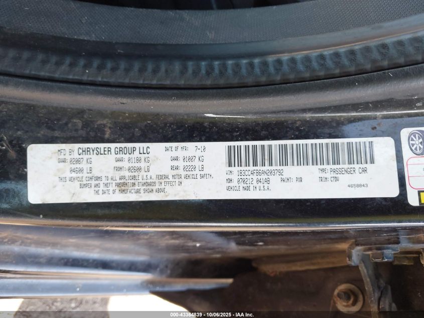 2010 Dodge Avenger Sxt VIN: 1B3CC4FB6AN203792 Lot: 43364839