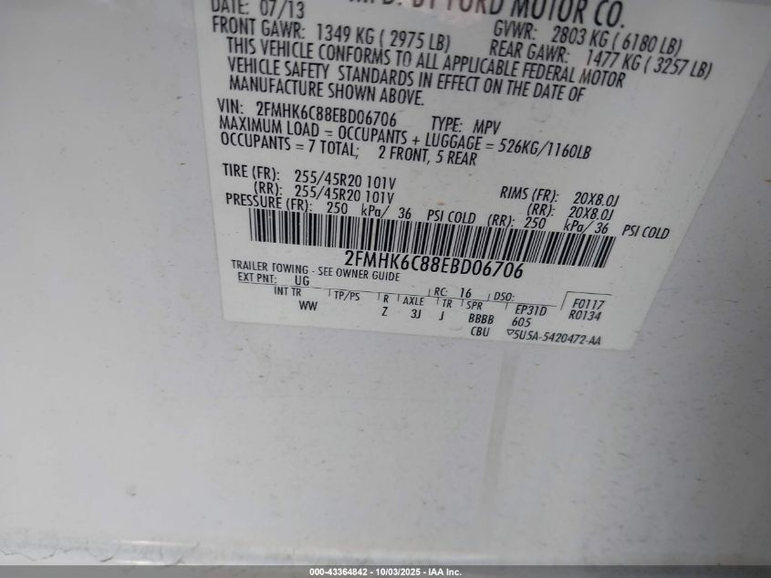 2014 Ford Flex Sel VIN: 2FMHK6C88EBD06706 Lot: 43364842