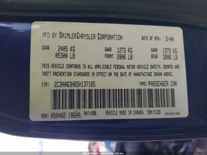 2005 Chrysler 300C VIN: 2C3AA63H65H137165 Lot: 43364864