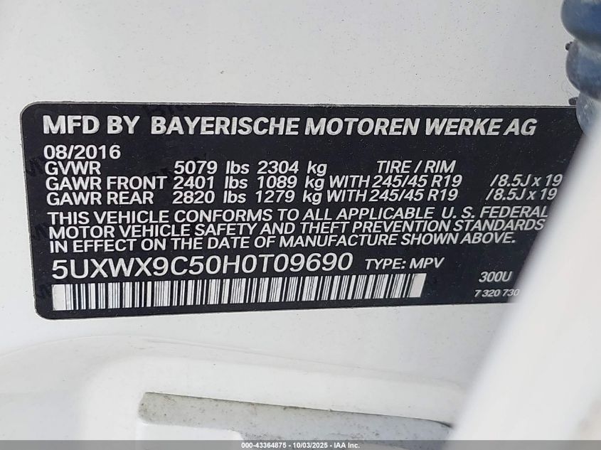 2017 BMW X3 xDrive28I VIN: 5UXWX9C50H0T09690 Lot: 43364875