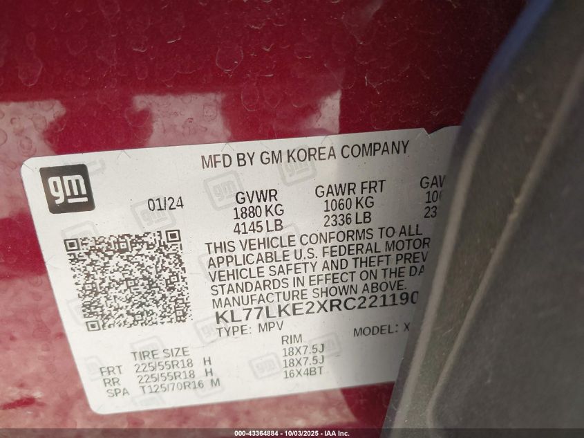 2024 Chevrolet Trax Fwd Activ VIN: KL77LKE2XRC221190 Lot: 43364884