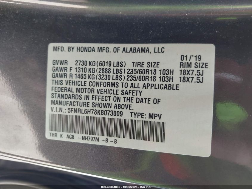 2019 Honda Odyssey Ex-L VIN: 5FNRL6H78KB073009 Lot: 43364885