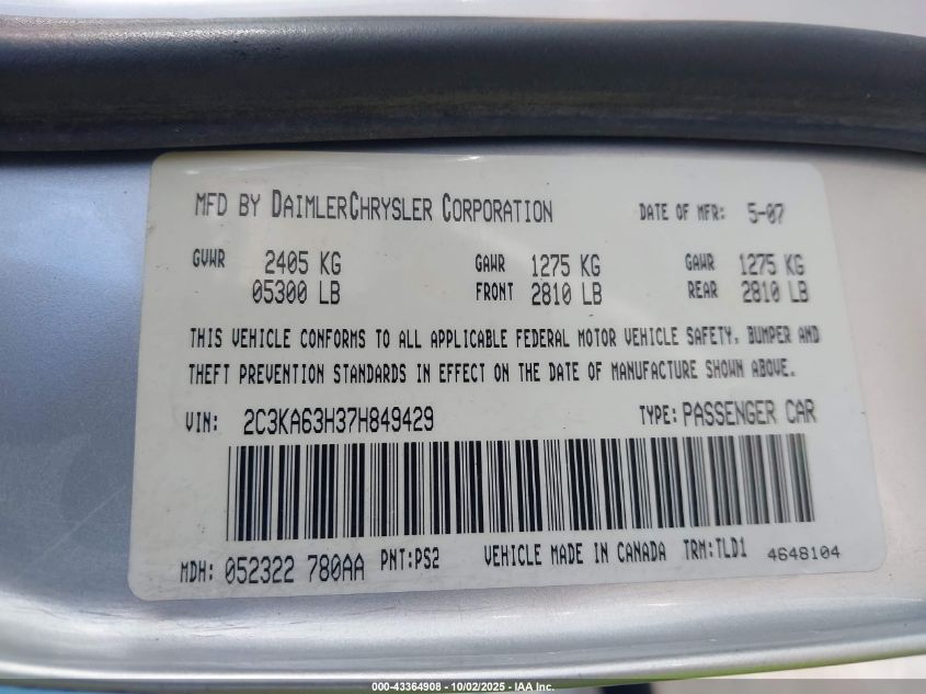 2007 Chrysler 300C VIN: 2C3KA63H37H849429 Lot: 43364908