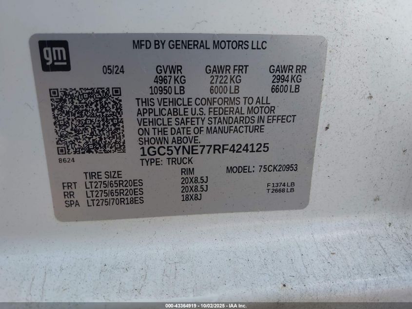 2024 Chevrolet Silverado 2500Hd 4Wd Long Bed Lt VIN: 1GC5YNE77RF424125 Lot: 43364919