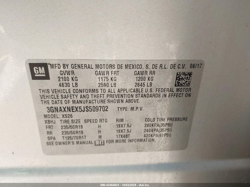 2018 Chevrolet Equinox Premier VIN: 3GNAXNEX5JS509702 Lot: 43364923