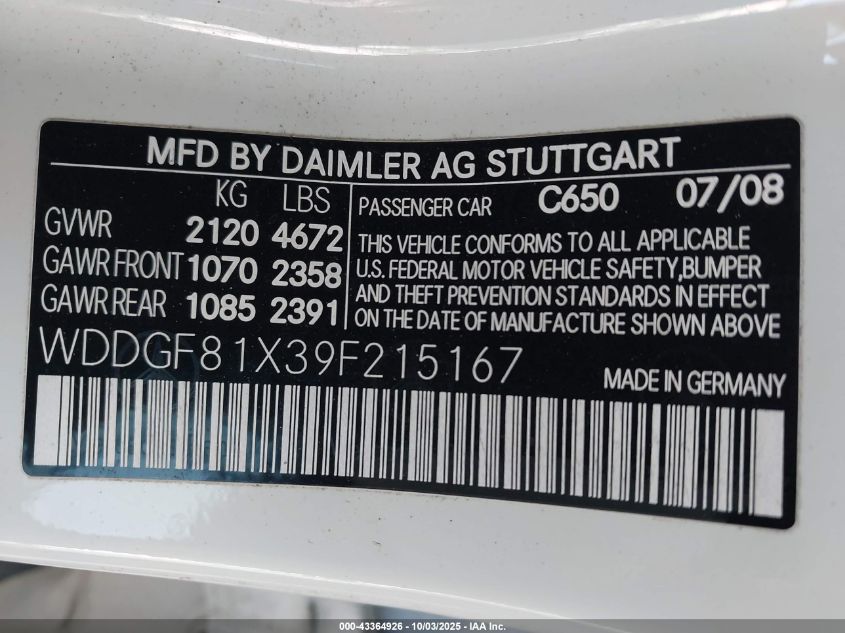 2009 Mercedes-Benz C 300 Luxury 4Matic/Sport 4Matic VIN: WDDGF81X39F215167 Lot: 43364926