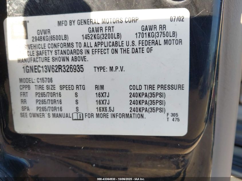 2002 Chevrolet Tahoe Ls VIN: 1GNEC13V62R326935 Lot: 43364930