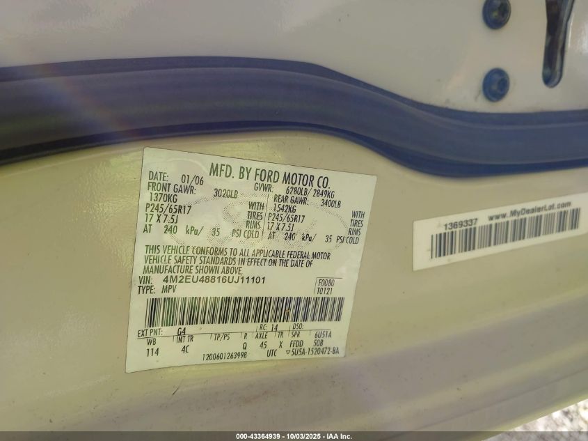 2006 Mercury Mountaineer Premier VIN: 4M2EU48816UJ11101 Lot: 43364939