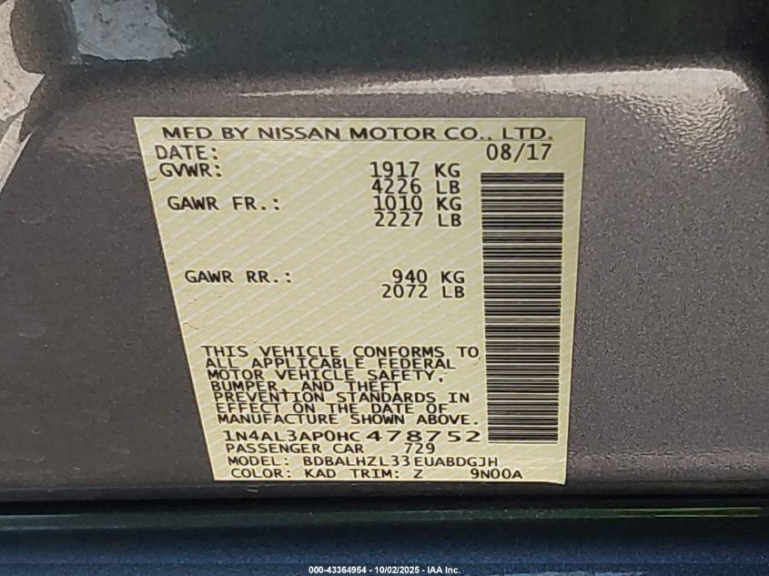 2017 Nissan Altima 2.5 Sr VIN: 1N4AL3AP0HC478752 Lot: 43364954